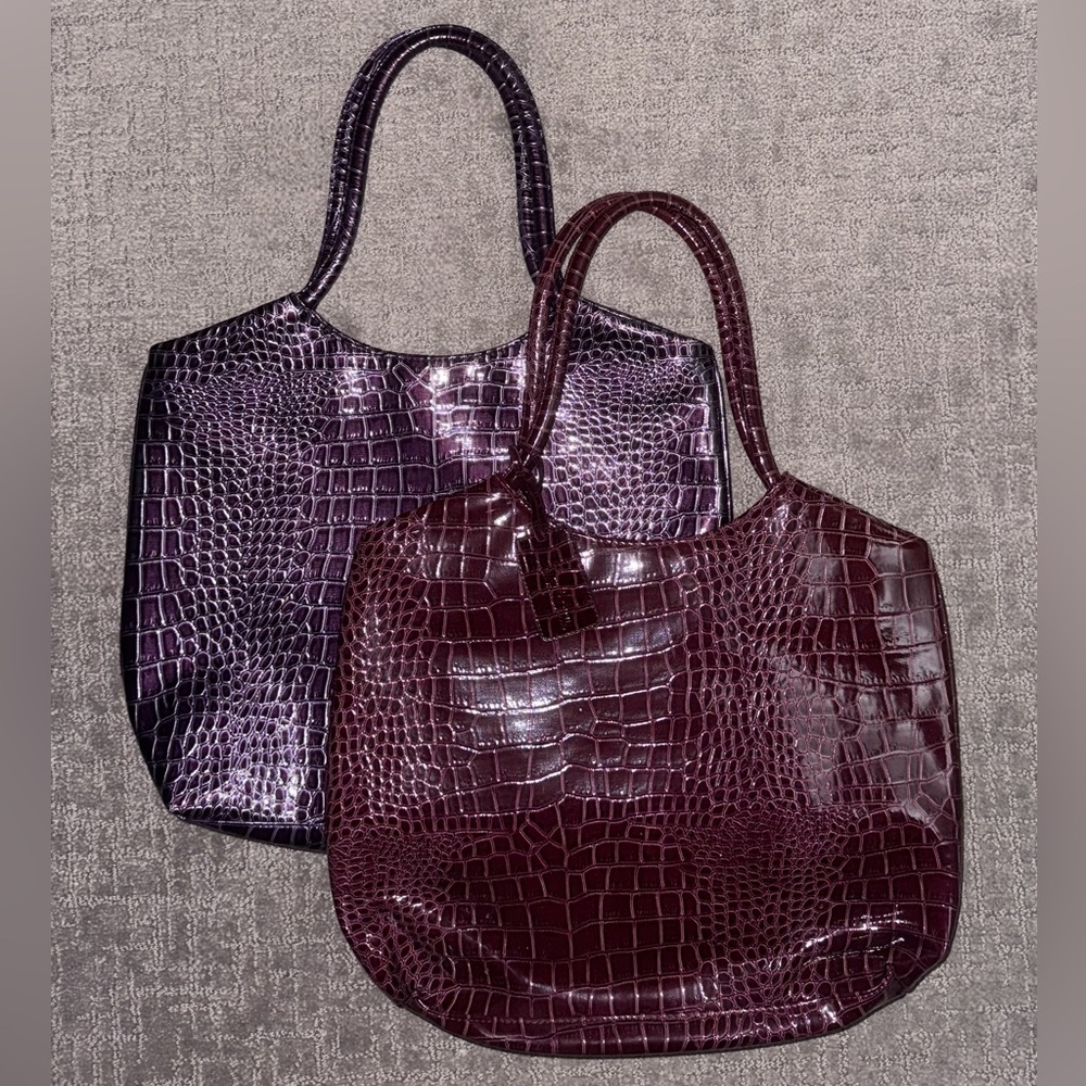 Neiman Marcus Purple & Burgundy Alligator Style Tote Bag Set